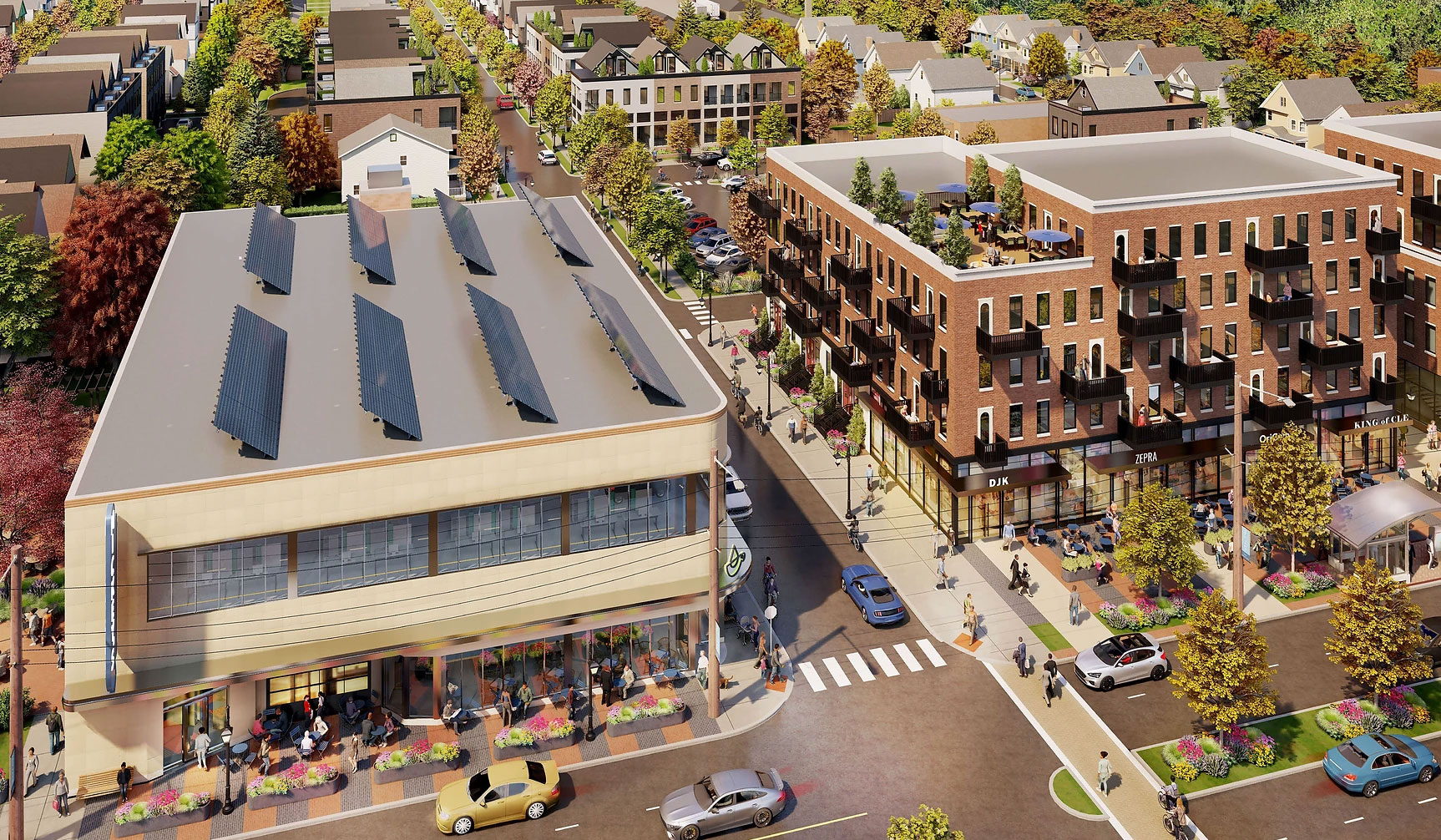 architectural rendering of circle east district, showing retail and residential buildings, and single family homes